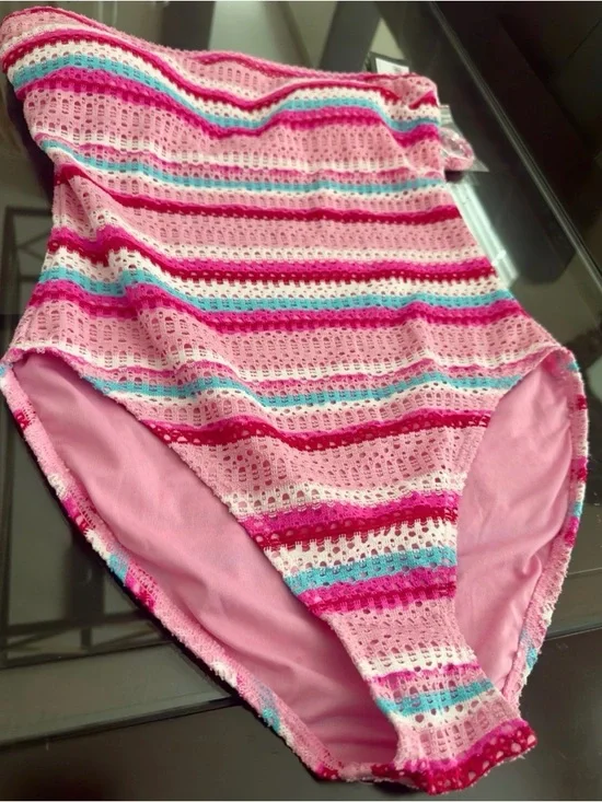 Kate Spade Bandeau One Piece Swimsuit Pink Stripe Eyelet Sz M NWT - Picture 5 of 7